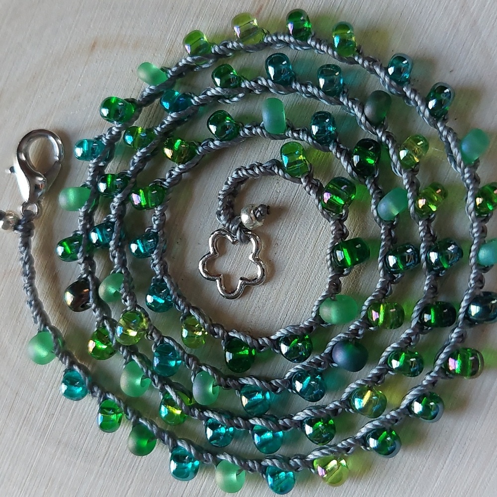 Bohemian Necklace, Green, Bead Crocheted Handcrafted by Rust Belt Raised